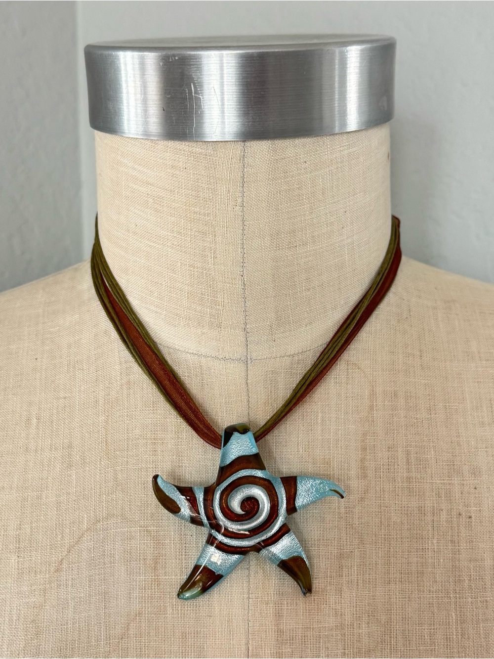 Glass Starfish Necklace Leather Ribbon Adjustable
